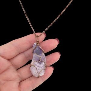 Large amethyst stone pendant, copper wire wrapped